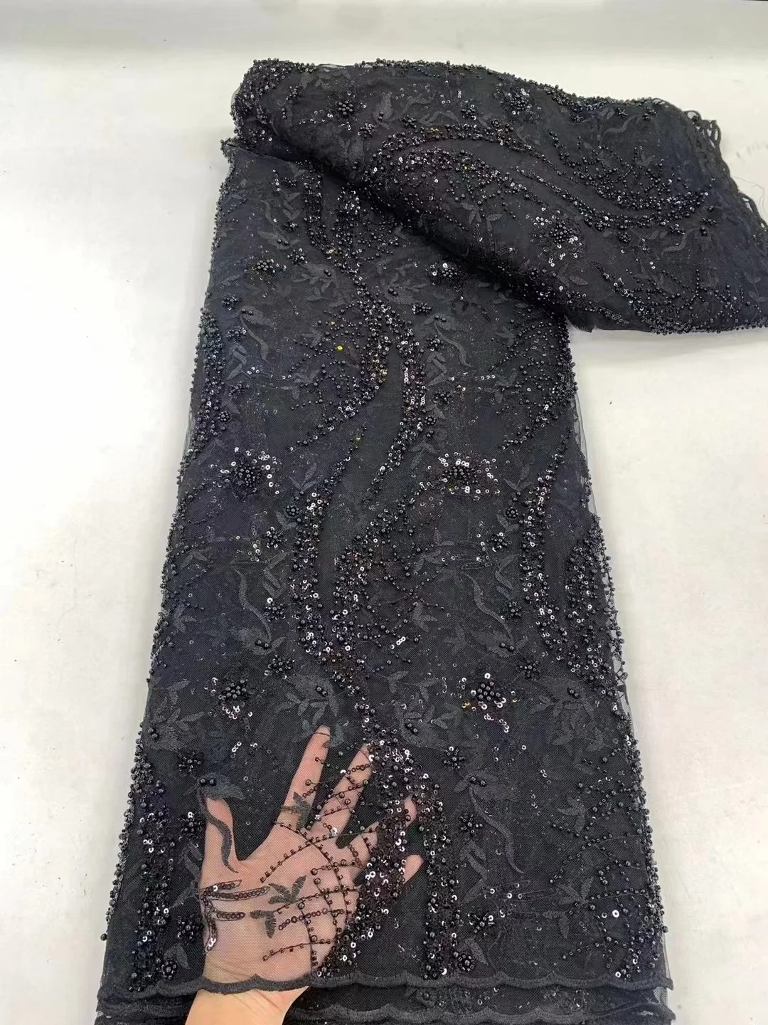 

Black African Sequins Lace Fabric 2023 5 Yards High Quality French Nigerian Groom Lace Fabric For Sewing Dress Wedding Party
