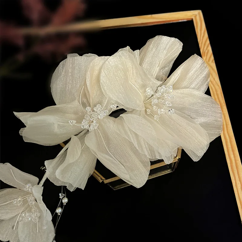 New French crepes flower Crystal Tassel side hair decoration Versatile Bride Wedding Style Hair Accessories