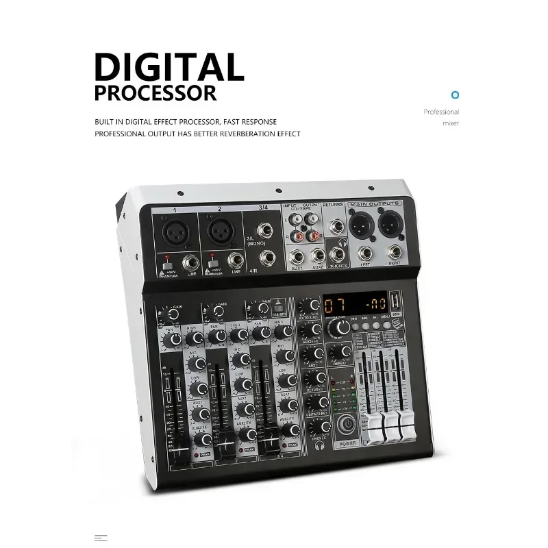 DJ 스튜디오 무대 공연용 오디오 믹서 사운드, 모노 스테레오 입력, 4 채널 디지털 믹싱 콘솔, 2x