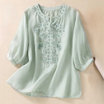 Fashion Thin Cotton Linen Y2k Tops Tee Women Clothing Summer Loose T Shirts Woman Embroidered T-shirt Blusa Casual Ladies tshirt 1