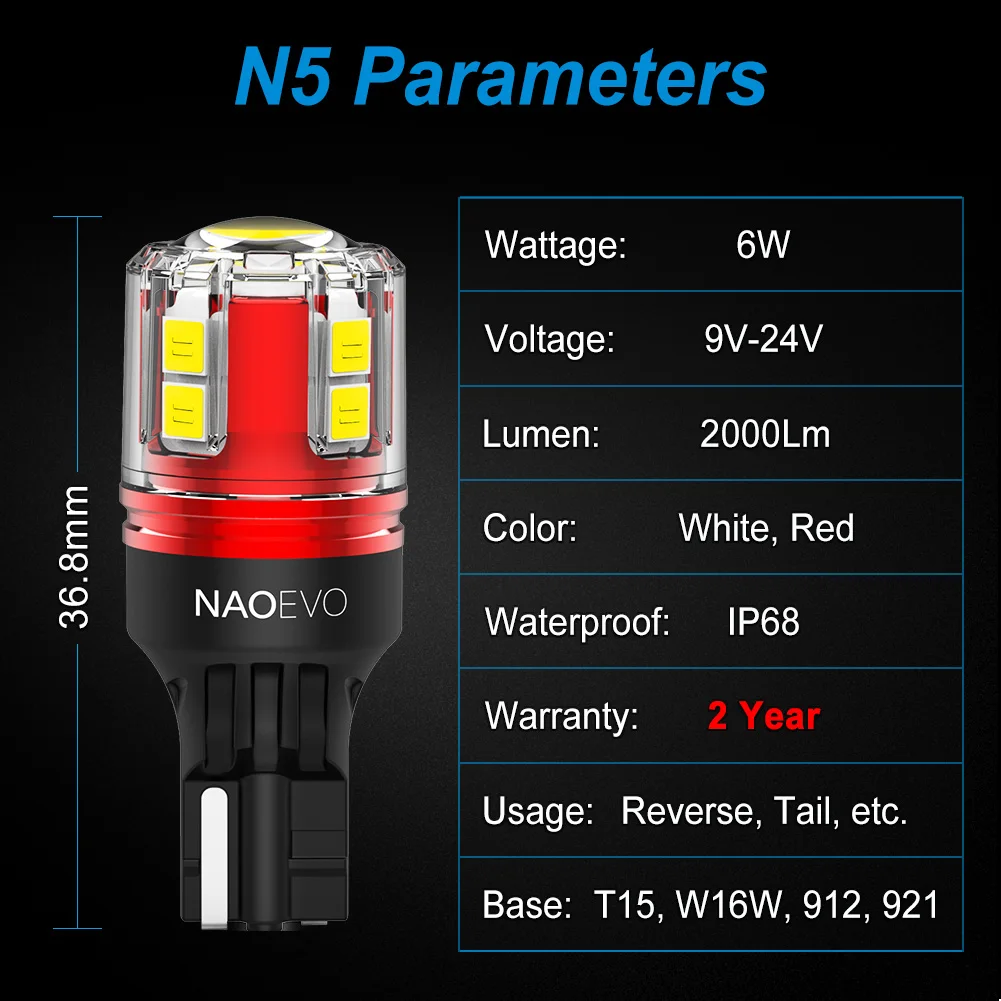 NAO W16W LED 조명, T15, T16, 12V, 24V, 2000Lm, 자동차 백업 전구, 화이트, 레드, 912, Bmw e46, e90, e39 용, 자동 리버스 테일 램프 액세서리