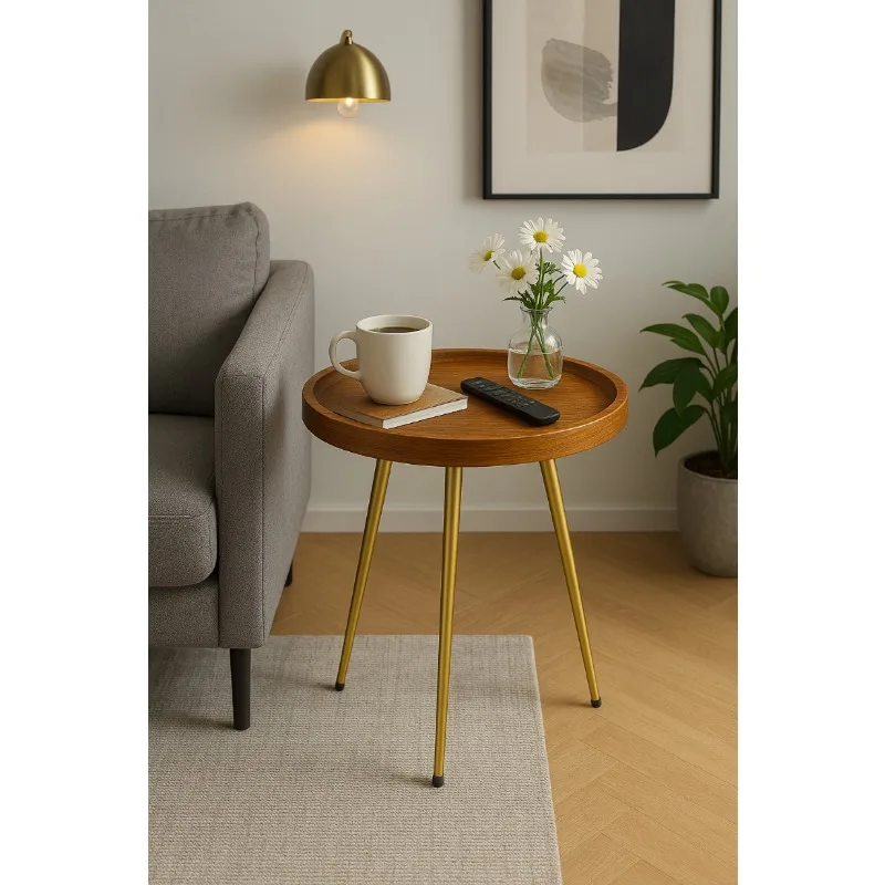 Elegant Round Oak Coffee Table with Golden Frame