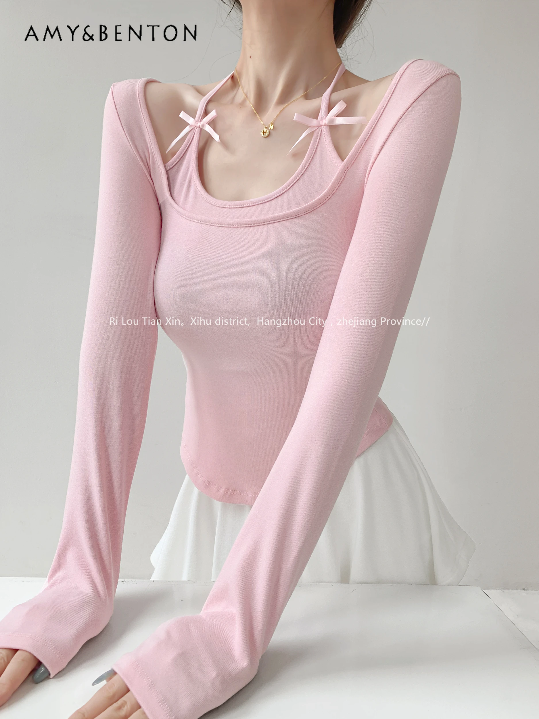 

Hot Girl Bow Sexy Lacing Halter Stitching Long Sleeve Cute Y2K Top Pure Color All-Match T-shirt Preppy Style Sweet Women Clothes
