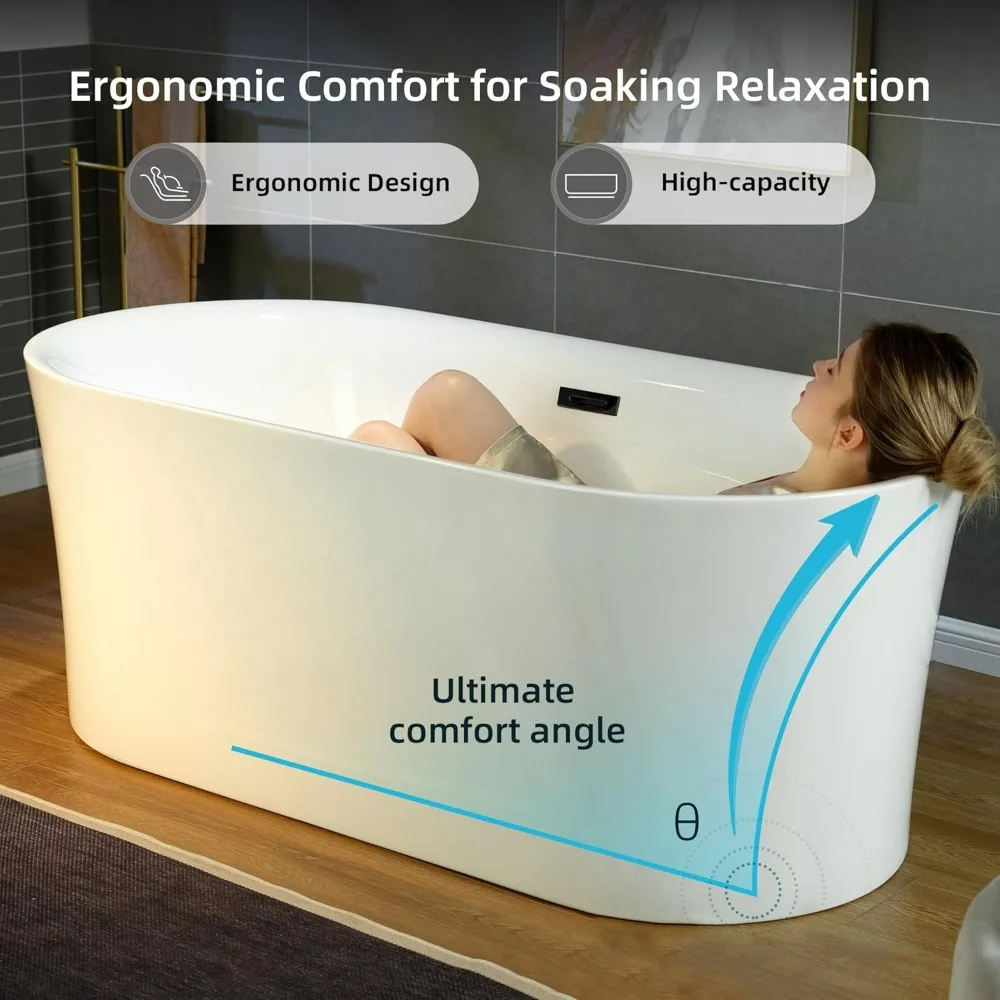 67" Acrylic Contemporary Soaking Tub with Matte Black Overflow and Drain，Acrylic Reinforced with Fiberglass，Freestanding Bathtub 5