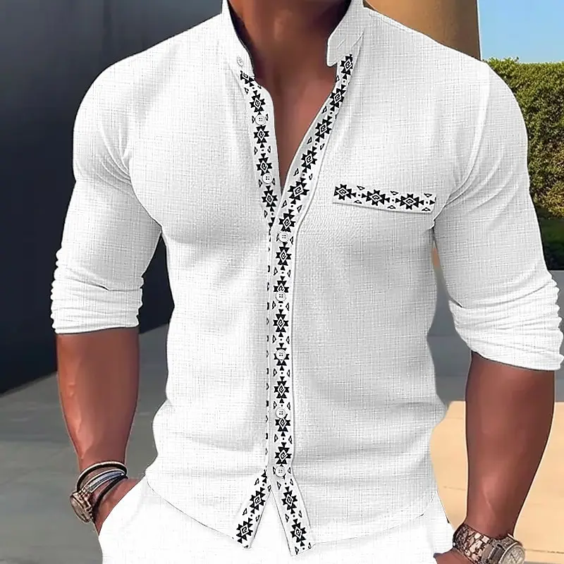Men's button-up casual summer beach shirt long sleeve color block stand collar spring and summer casual daily wear