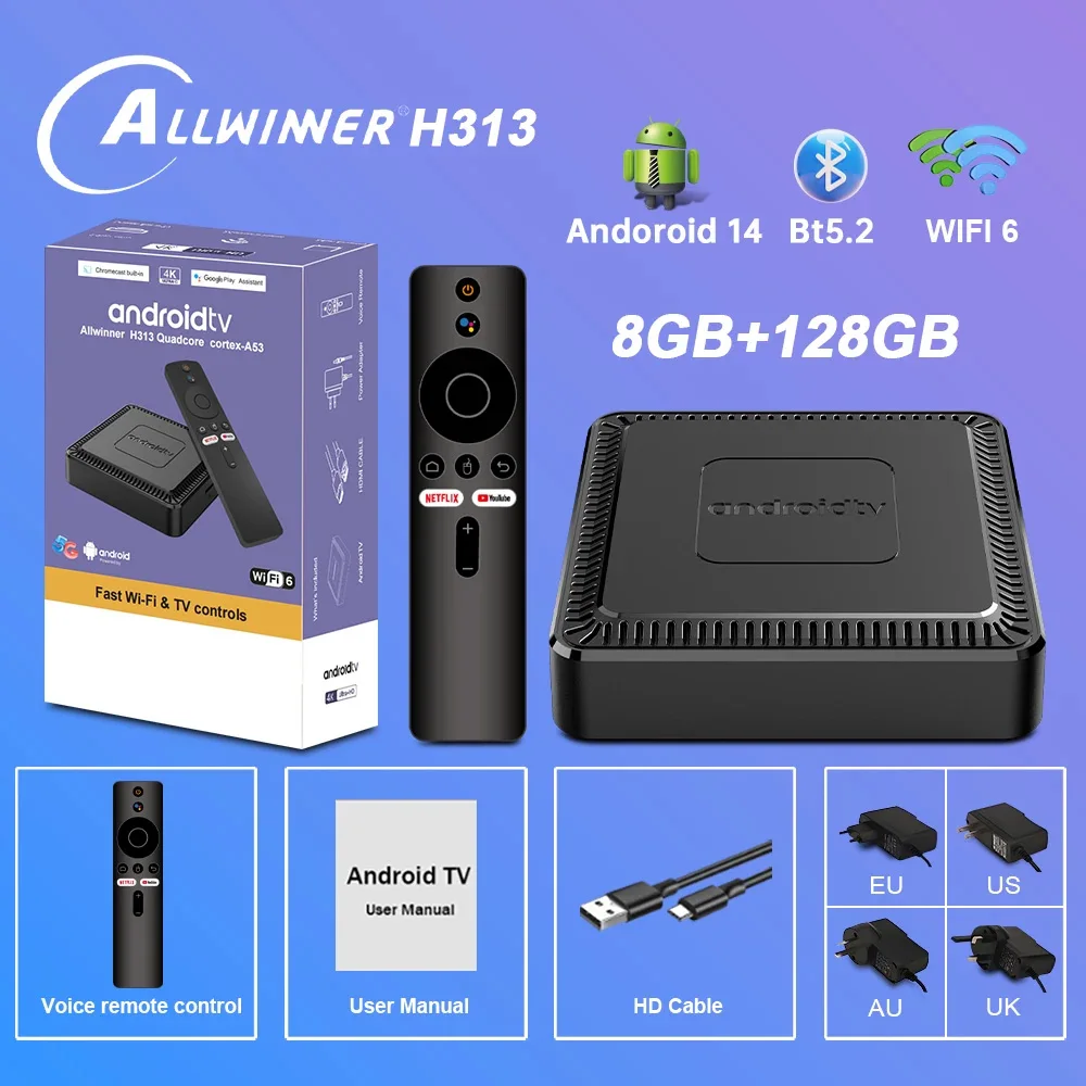 2025 Новий Q7 Smart TV Box Android14 Allwinner H313 8G+128GB ROM Дводіапазонний WiFi 6 Bluetooth 5.2 Google Voice Remote Media Player