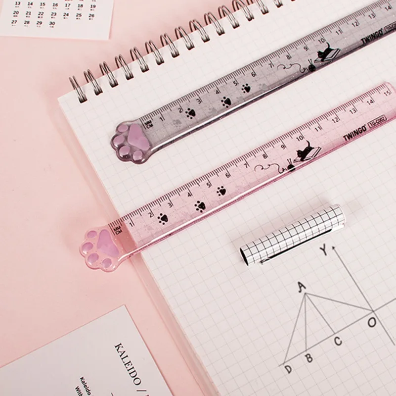 1pc Pink Transparent Cat Claw Ruler Student Drawing Measurement Stationery Ruler Cartoon Kawaii Stationery Plastic 15cm