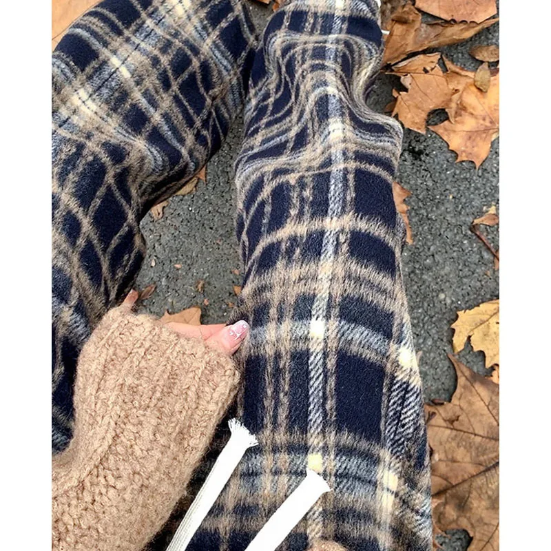 Autumn Winter Casual Vintage Plaid Wide Leg Pants Women's Clothing Thick Korean Straight Female High Waist Drawstring Trousers