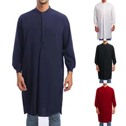 Mens Long Sleeve Arab Robe Saudi Jubba Robe Muslim Robe Casual Solid Color Top Traditional Casual Button T-shirt Men Clothing