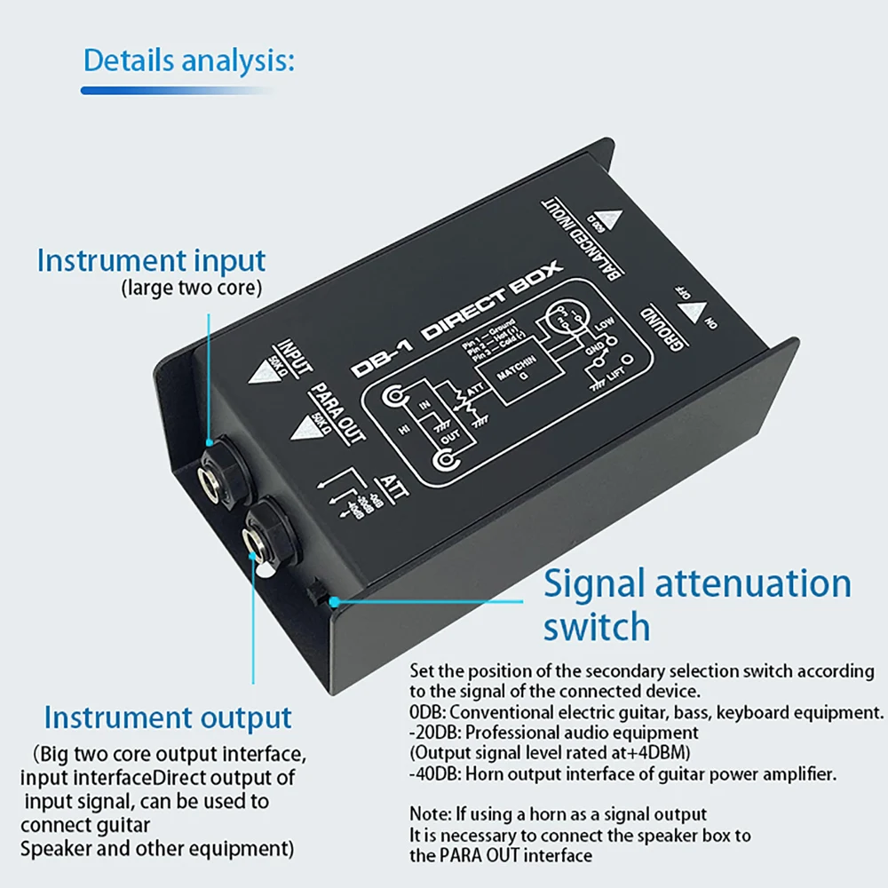 Passive Audio DI Box Low Noise Single Channel Balanced Unbalanced Signal Isolato