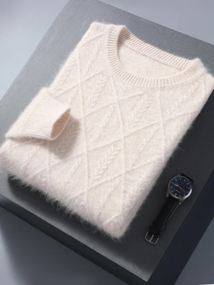 100% Mink Cashmere Autumn Winter Men O-Neck Sweater Cable Knitting Thick Pullover High Quality Smart Casual Cashmere Knitwear 2