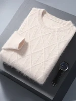 100% Mink Cashmere Autumn Winter Men O-Neck Sweater Cable Knitting Thick Pullover High Quality Smart Casual Cashmere Knitwear 2