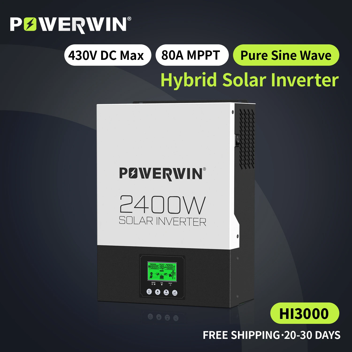 

POWERWIN HI3000 2400W 24V Pure Sine Wave LCD 12V 3000W 80A Hybrid Solar Inverter MPPT Bidirectional Charge Regulator Off-grid