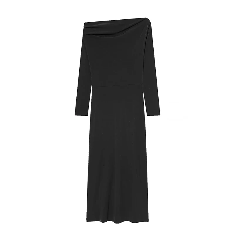 Chic Elegant Off Shoulder Long Dress Woman 2025 New Fashion Snap Button Ruched Midi Dresses For Women Slim Party Dresses ﻿