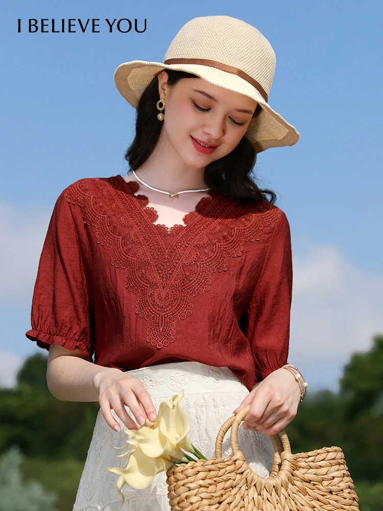 I BELIEVE YOU French Shirts Women 2024 Summer V-neck Red Lace Short-sleeved New Chic Retro Half-sleeved Gentle Blouse 2241055681 t shirts tees believe there is good in the world floral t shirt tee in gray size l s xl