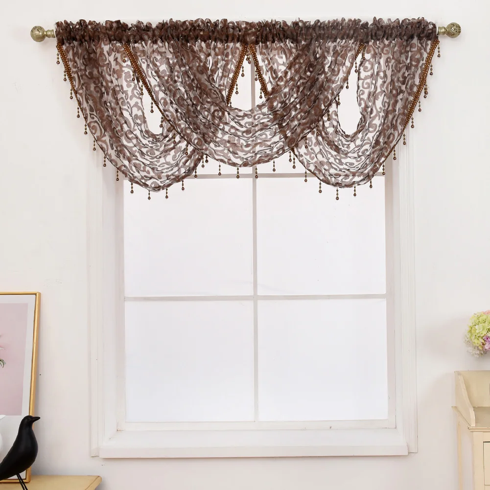 NAPEARL Transparent Sheer Waterful Valance for Living Room Window Curtains Home Beads Decoration Elegant Rod Pocket Short Drapes