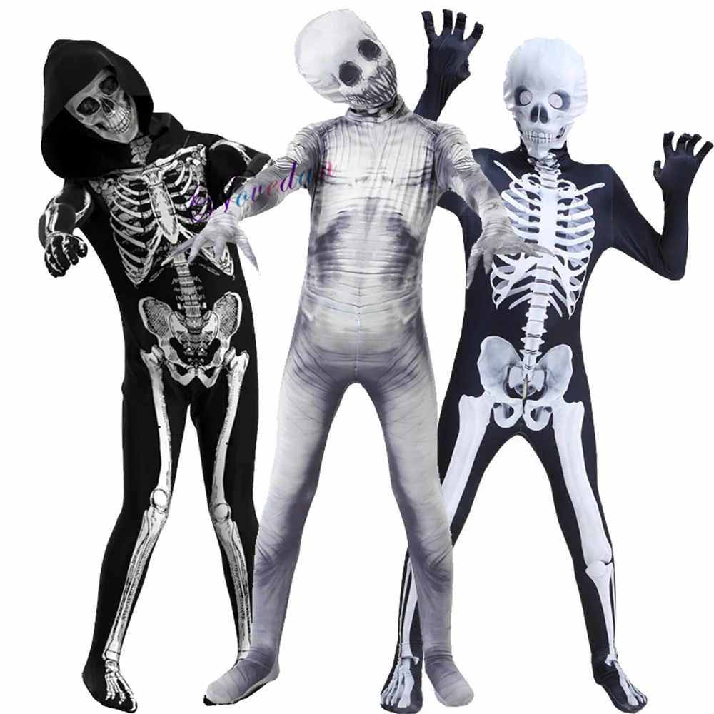 

Horror Scary Zombie Costume Kids Cosplay Skeleton Halloween Costume Skull Mask Suit Jumpsuit Kids Adult Carnival Party Dress Up