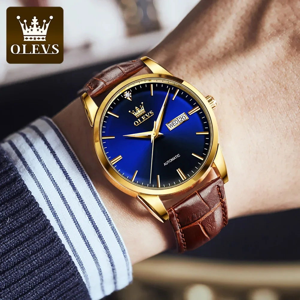 OLEVS 6629 Men Wristwatch Automatic Mechanical Genuine Leather Strap Business Watch For Men Luminous Waterproof