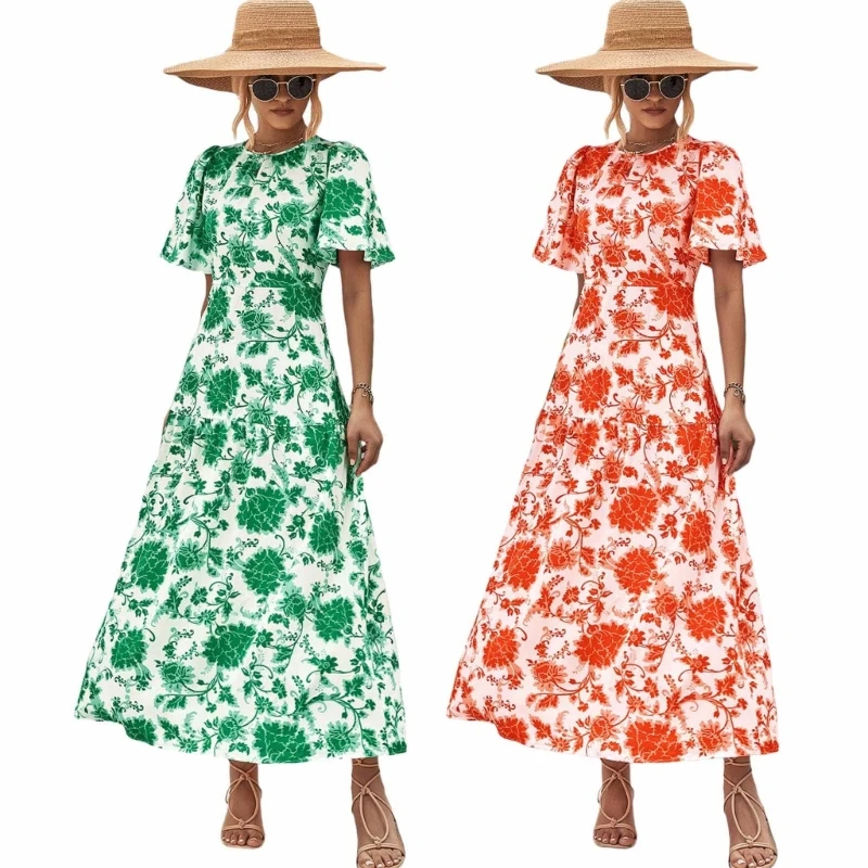 

Short Sleeve O-neck Dress Womens Holiday High Waist Floral Dresses A-line Dress