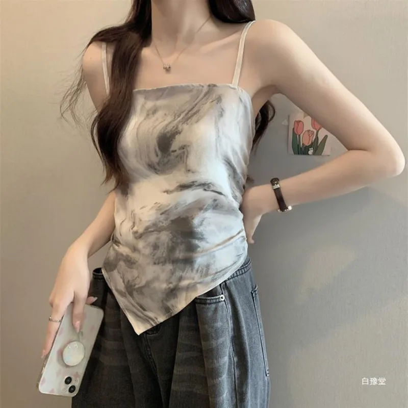 

Women's Ink Painting Tie Dye Camisole for Women's Inner Wear Summer Niche Spicy Girl Outer Wear Irregular Sleeveless Short Top