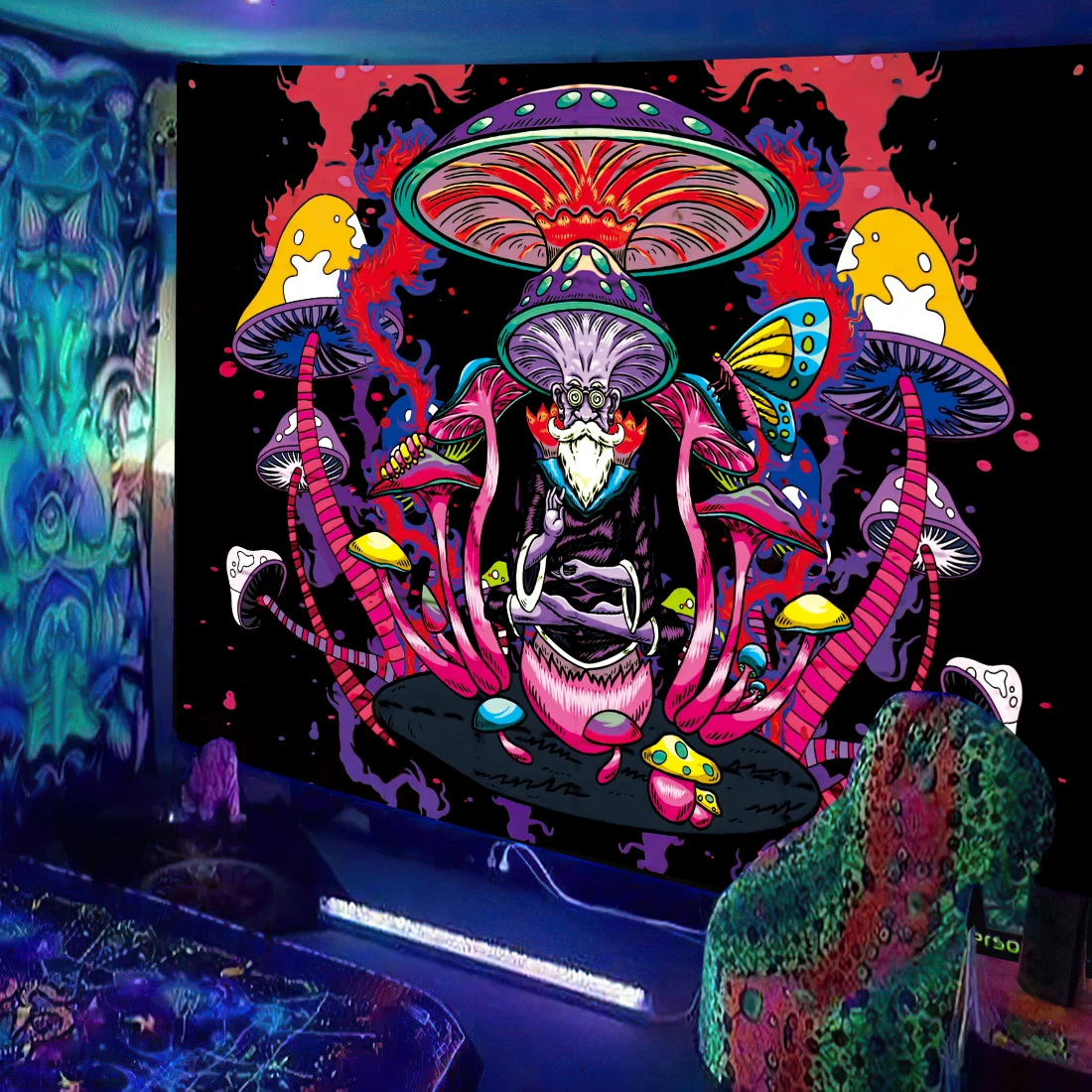 Black Light Tapestry UV Reactive Psychedelic Mushroom Fractal Art Wall Hanging Bedroom Dorm Separate Room Decoration