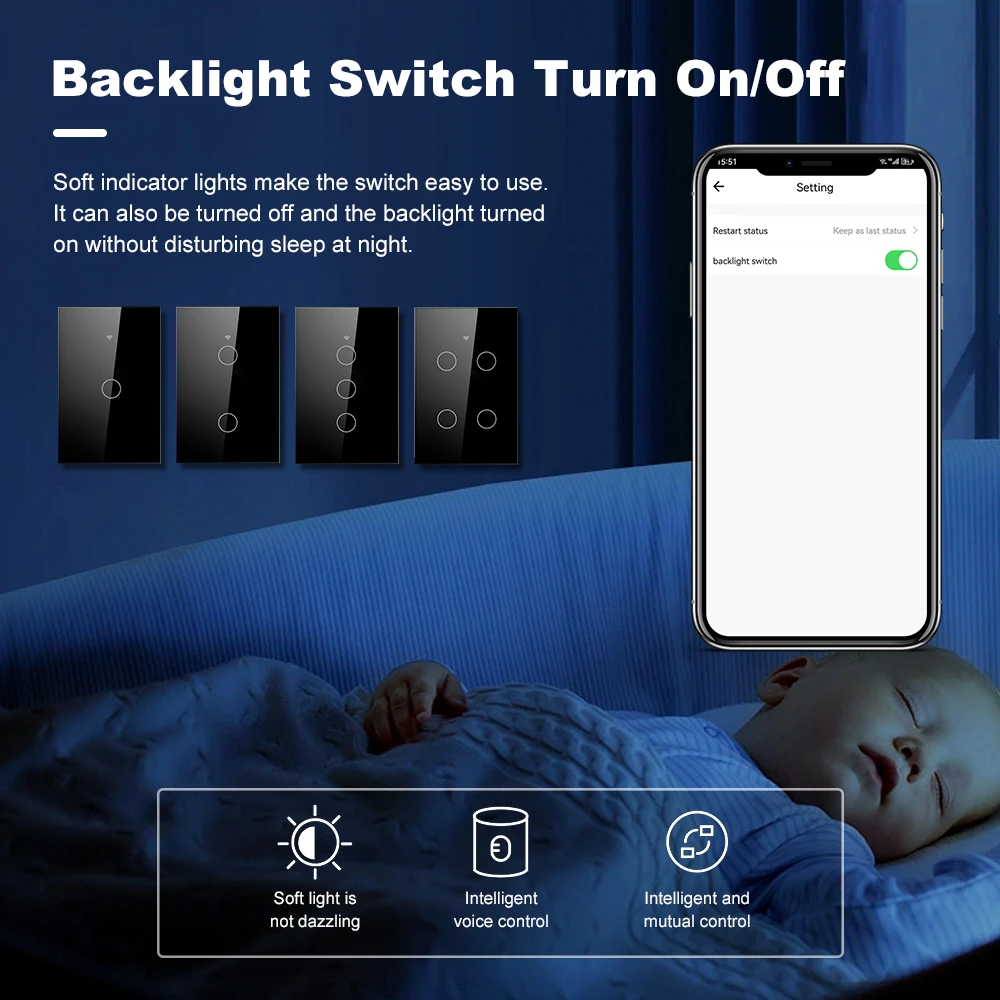 Tuya Smart WiFi + Bluetooth Wall Touch Light Switches No Neutral Wire Required Interruptor 1/2/3/4 Gang For Alexa Google home
