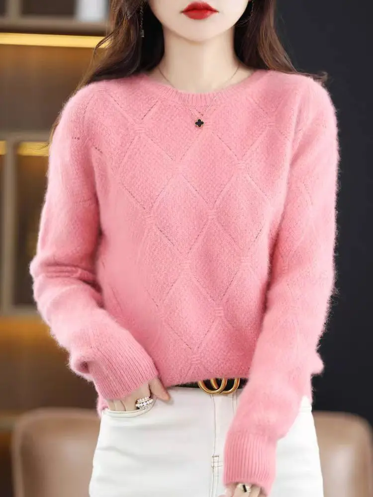 100% Mink cashmere sweater Women's knitting sweater O-neck long sleeve pullover Autumn and winter clothing warm top 3