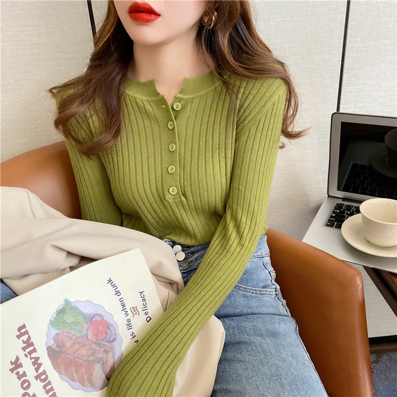 Spring and Autumn New Fashionable Women's Round Neck Button Knitted Bottom Slim Design Sweater Knitwear Pullover Top 1257