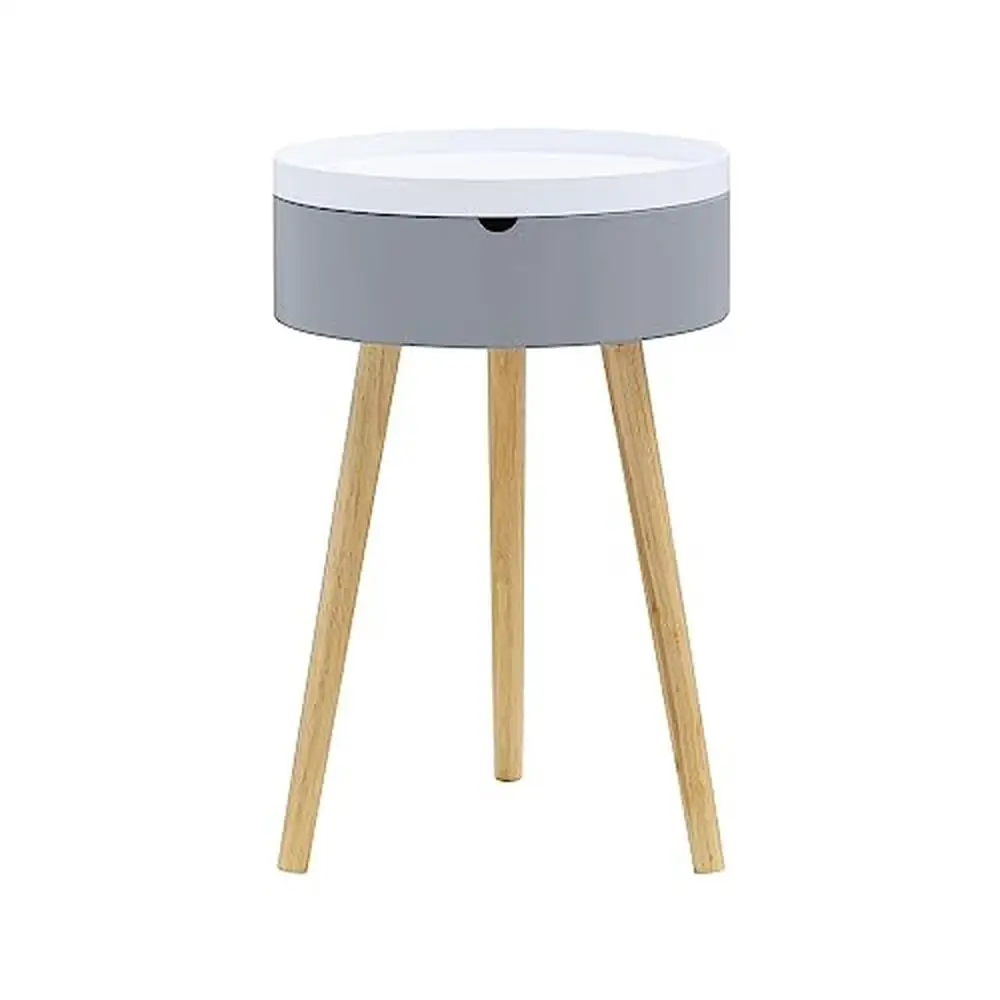 

Tray Top End Table with Storage Bin Small Space Design Solid Beechwood Legs Grey Color Round Shape Home Office and Bedroom