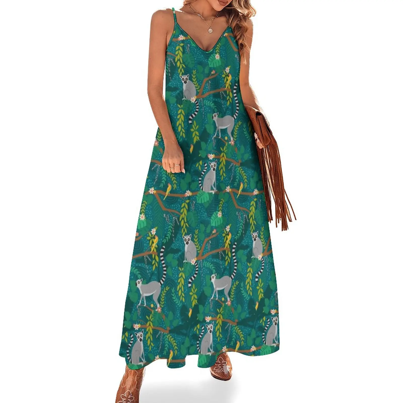 

Lemurs in a Teal Jungle Sleeveless Dress Woman dresses dresses summer Woman clothing