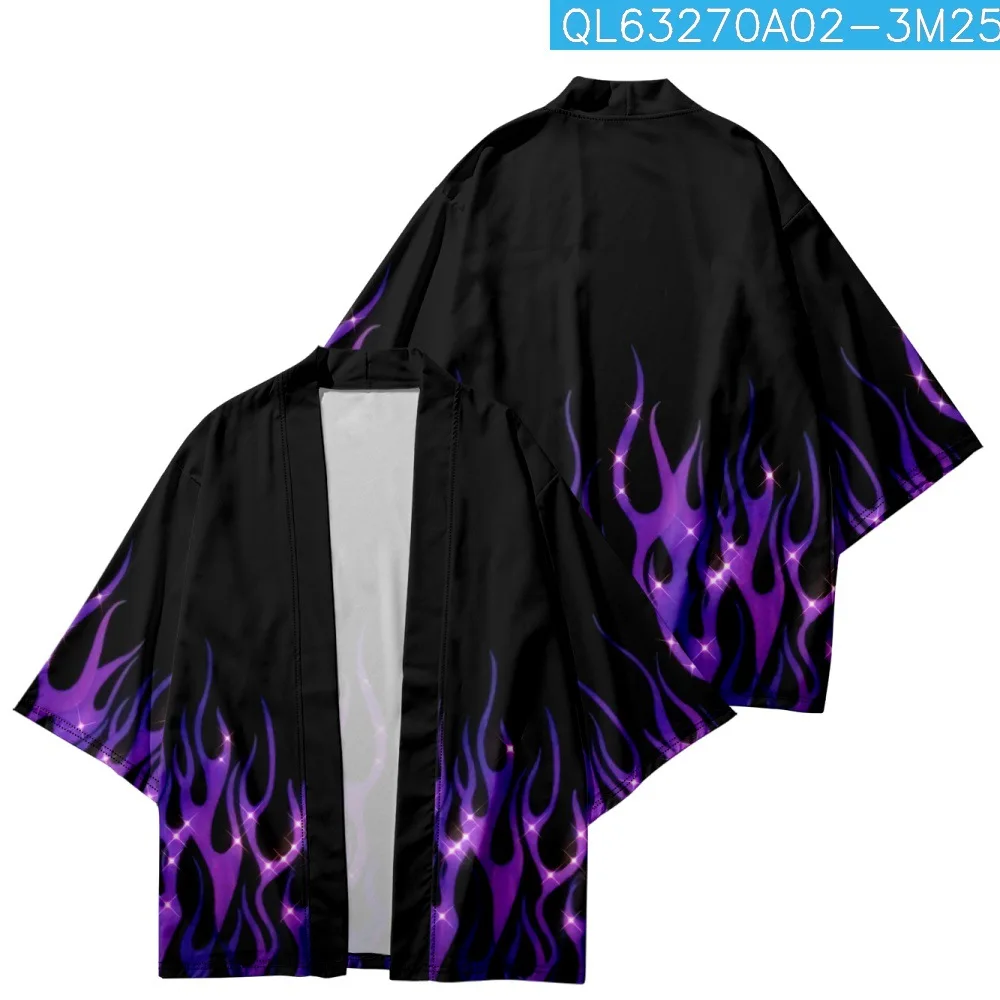 Black Kimono Cosplay Samurai Purple Flames Print Haori Women Men Cardigan Yukata Costume Japanese Streetwear Traditional Clothes