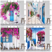 Greek Mediterranean Shower Curtain Purple Flowers Blue Door Window White Architecture Nature Landscape Bathroom Curtains Decor 1