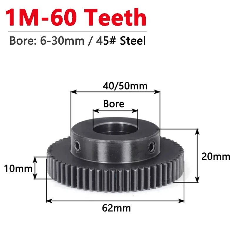 1pc Spur Gear 1 Module 60 Teeth 45# Steel Motor Gears with Step 1M 60T Straight Gear Bore 6/8/10/12/14/15/16/17/18/19/20-30mm