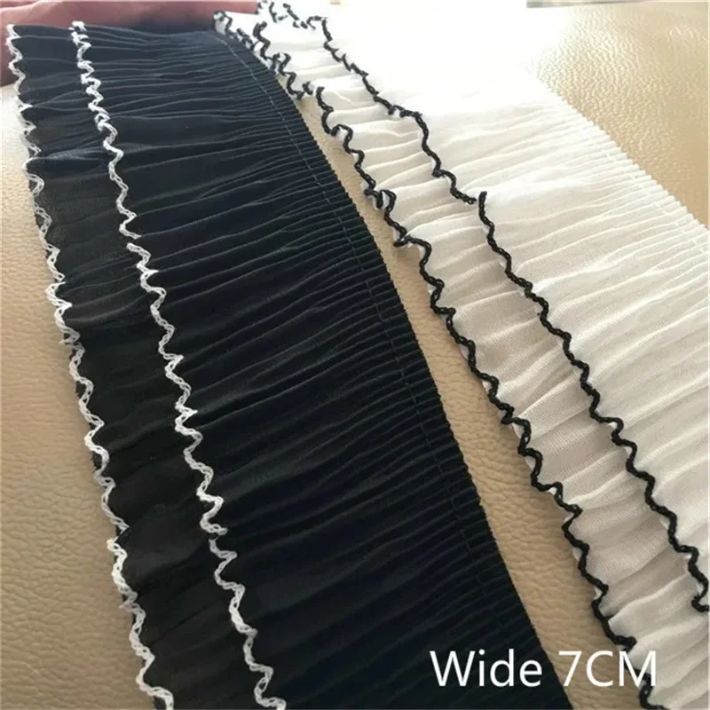 7CM Wide Two-Layer Elastic Pleated Chiffon Ruffle Trim Ribbon Fold Lace Collar Applique DIY Dress Sewing Tassel Fringe Hem Decor