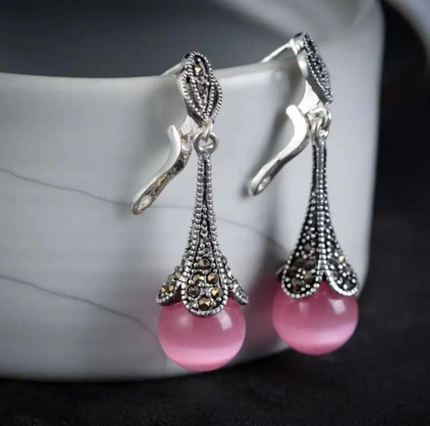 

Lady's iSTONE VINTAGE 11/2" RED Natural Stone MARCASITE 925 SILVER Natural Stone bread silver big earrings