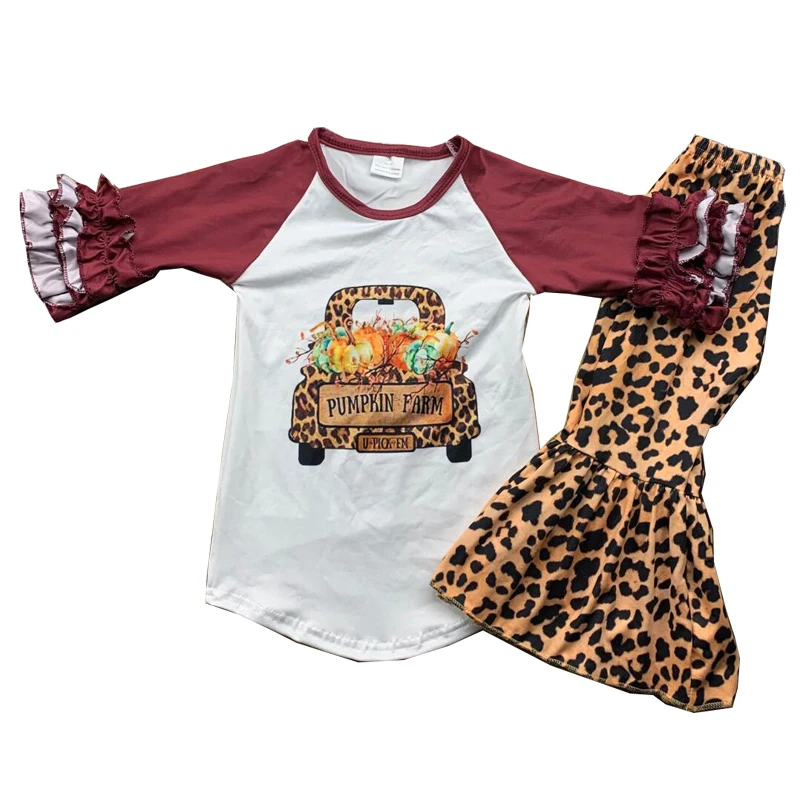 

Wholesale hot selling Christmas Halloween style girl baby clothes long sleeve top and bell-bottom pants set milk silk fabric