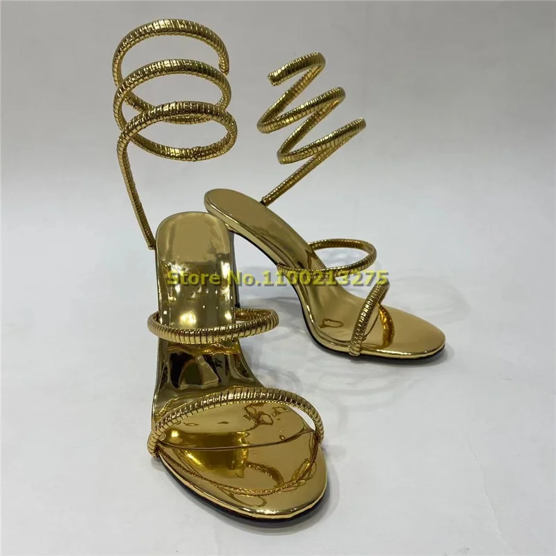 

Gold Twine Stiletto Heel Sandals Round Toe Ankle Wrap Strappy Fashon 2023 Summer Sandals Solid Silver New Arrival Shoes