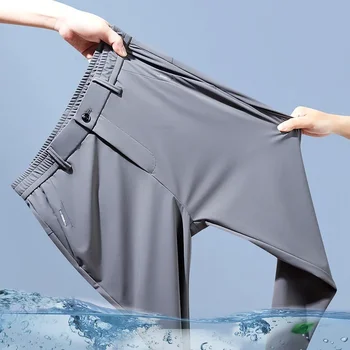 Pantalon décontracté élastique Ultra-fin pour hommes, séchage rapide, soie glacée, Slim, droit, Business, couleur unie, noir, gris, été 1