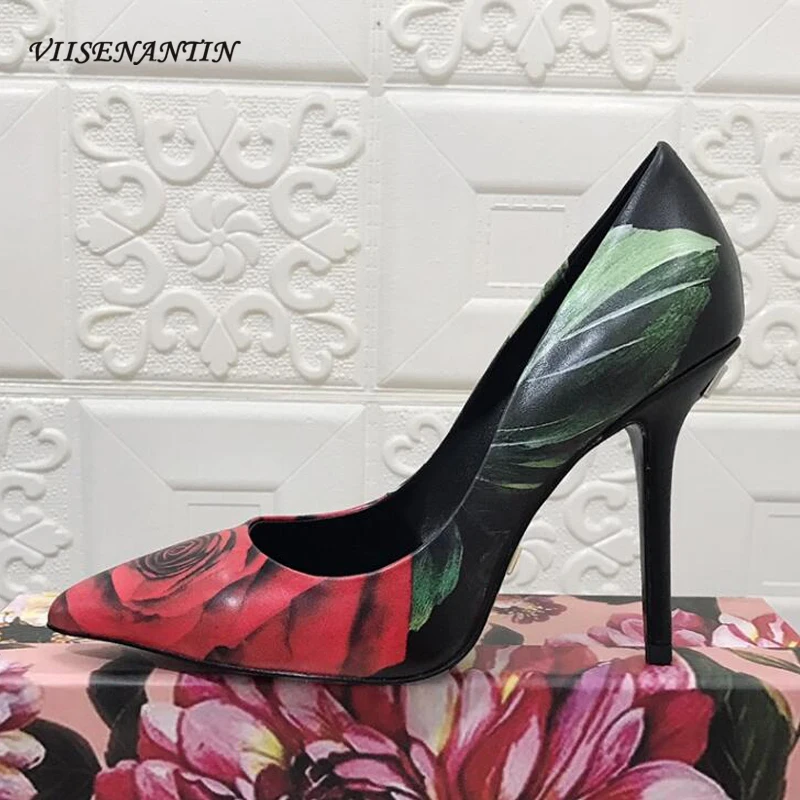 

Женские классические туфли из натуральной кожи на высоком каблуке, привлекательные летние туфли с цветочным принтом и острым носком, 2023