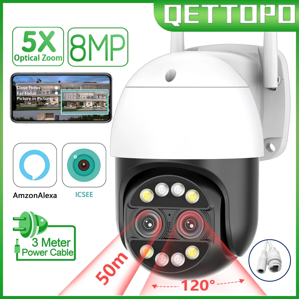 

Qettopo 4K 8MP Dual Lens WIFI Surveillance Camera AI Human Tracking 8X Zoom Outdoor Waterproof PTZ IP Camera CCTV iCSee Alexa