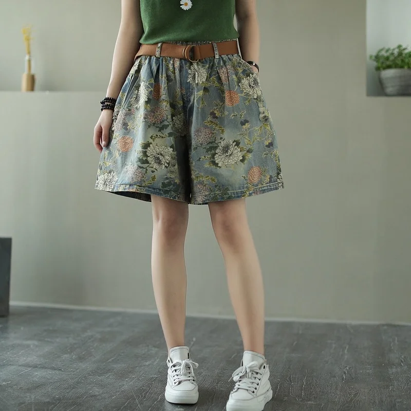 

Summer Women Casual Shorts Vintage Floral Print Wide Leg Short Jeans Female High Waist Loose Denim Shorts with Pocket Streetwear