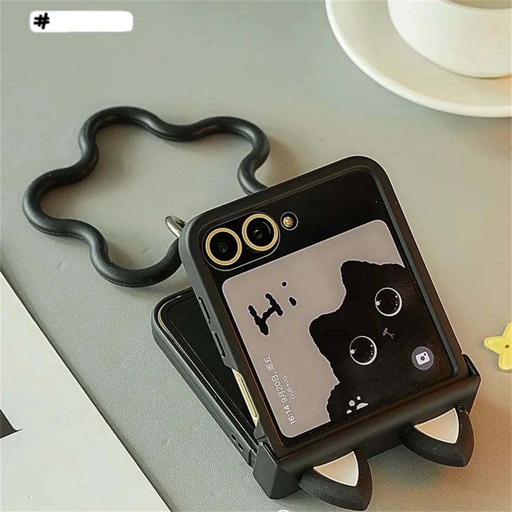 Korean Japan Cute Cat Ears Black Phone Case For For Motorola Razr 60 50ultra Razr 40 Ultra For Samsung Galaxy Z Flip 7/6/5/4/3 5