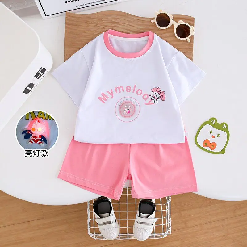 

Summer Kuromi Anime Kawaii Sanrio Children Short Sleeve Pants Set Cute My Melody Cartoon Bright T Shirt Clothing Kids Gifts