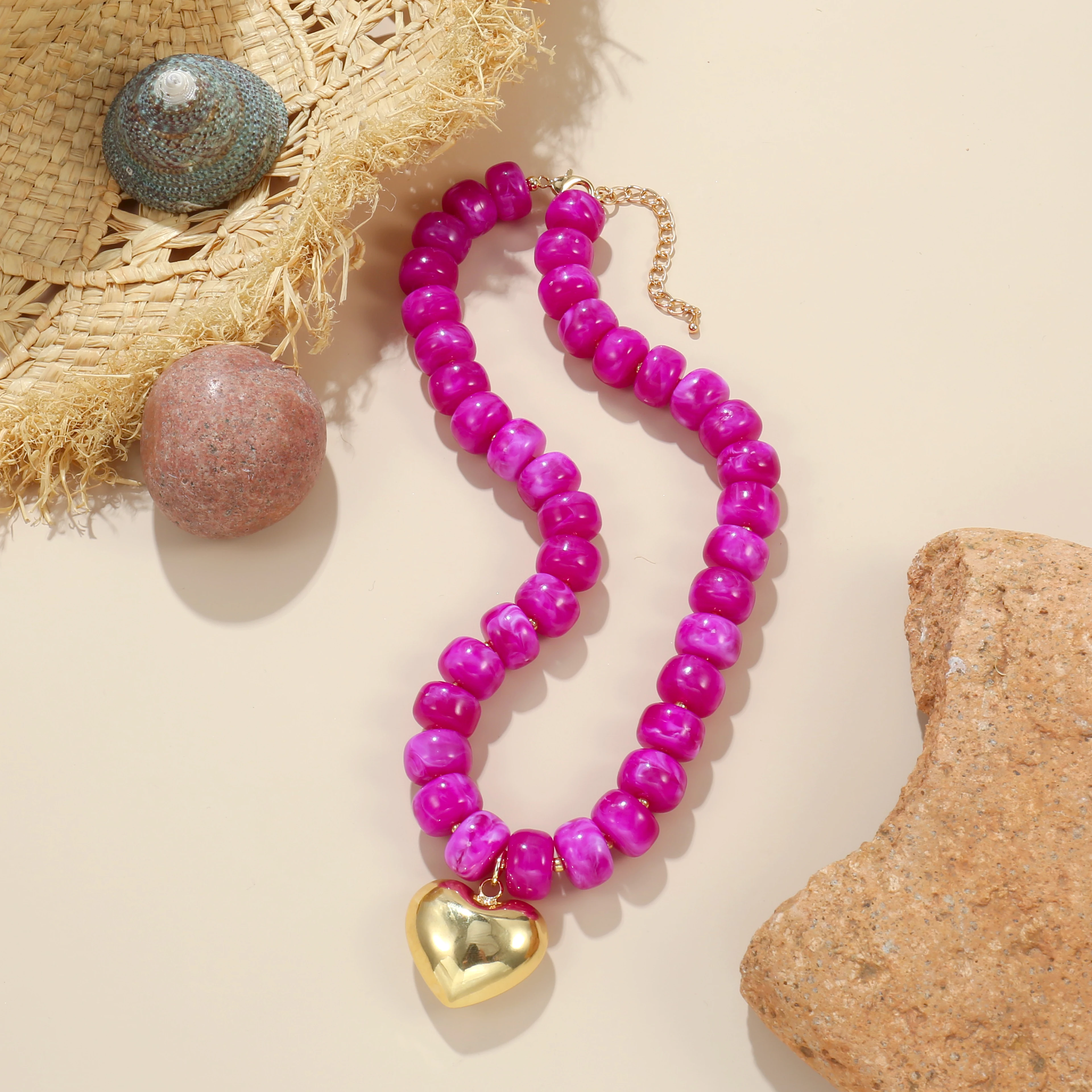 Badu Bohemia Colorful Acrylic Beaded Choker Necklace for Women 14K Gold Plated Heart Pendant Summer Aesthetic Y2K Jewelry Gift