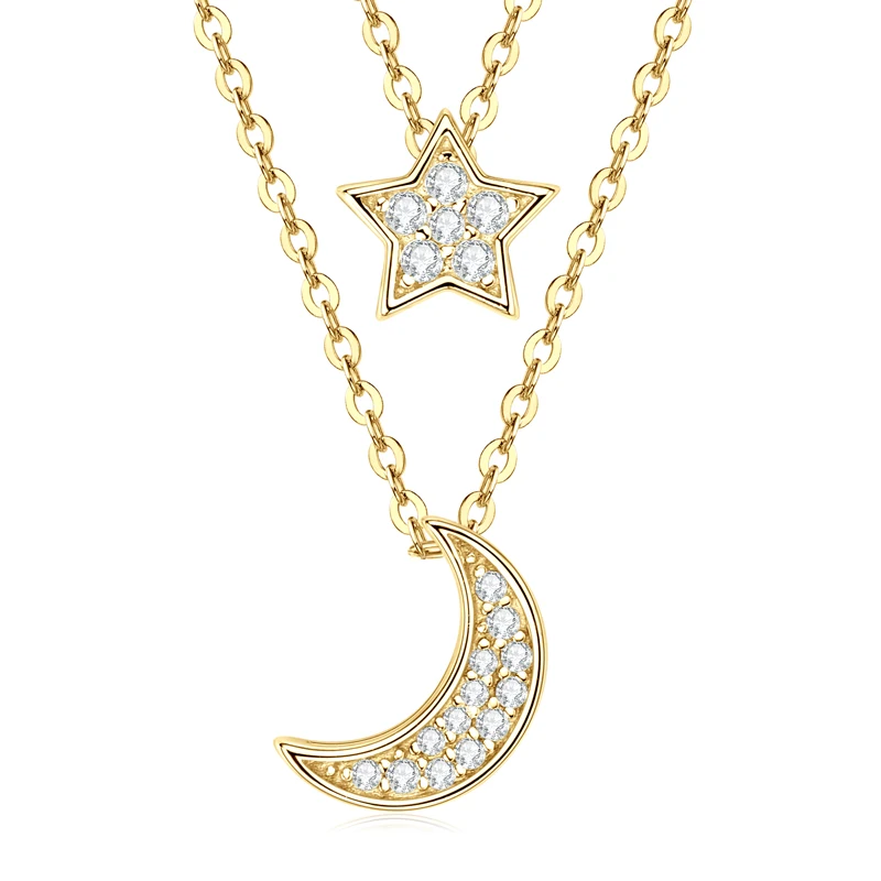 Moon Star Pendant Moissanite Diamond Necklace 925 Silver Double Layer Chains for Women Engagement Wedding Jewelry