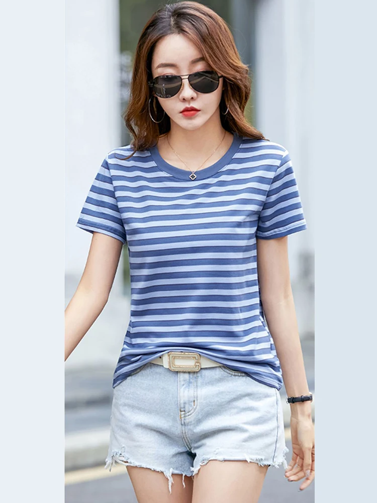 

2024 Summer Blue Knitted Striped Cotton T-Shirts Women Slim S-3XL O-Neck Backless Tshirts Female Short Sleeve Elegant Lady Tops