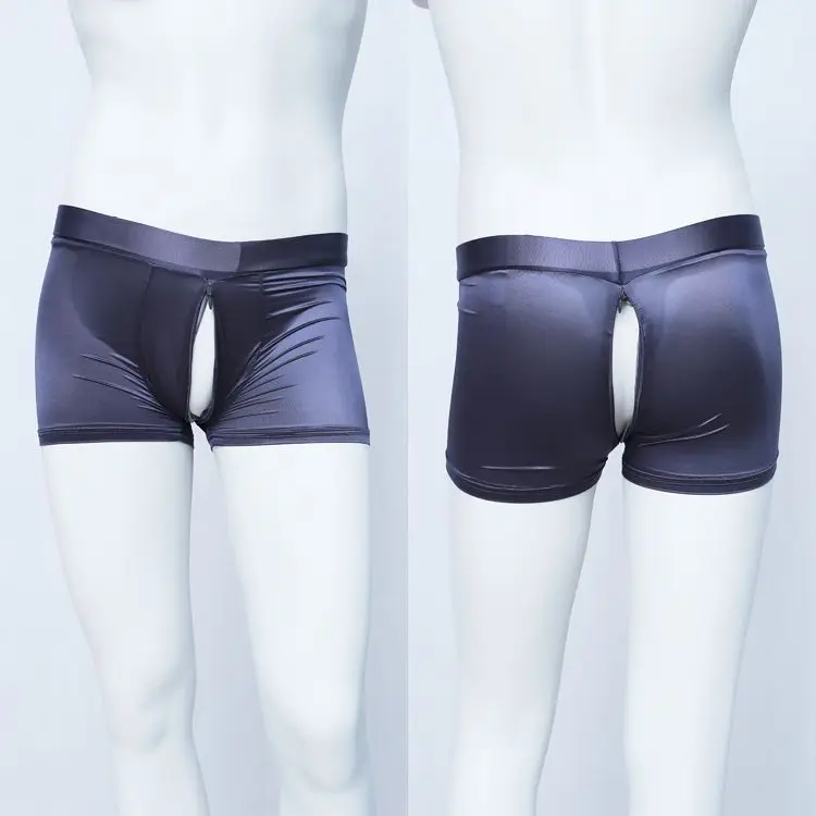 Men's Zipper Open Crotch See Through Ice Silk Thin Glossy Shorts Panties Casual Sleeping Shorts Bottoms Underwear