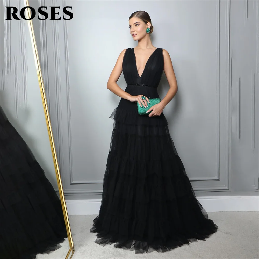 

ROSES A Line Black Long Party Dress Vintage Net V Neck Night Dresses Tiered Tank Celebrity Dresses Custom vestidos de fiesta