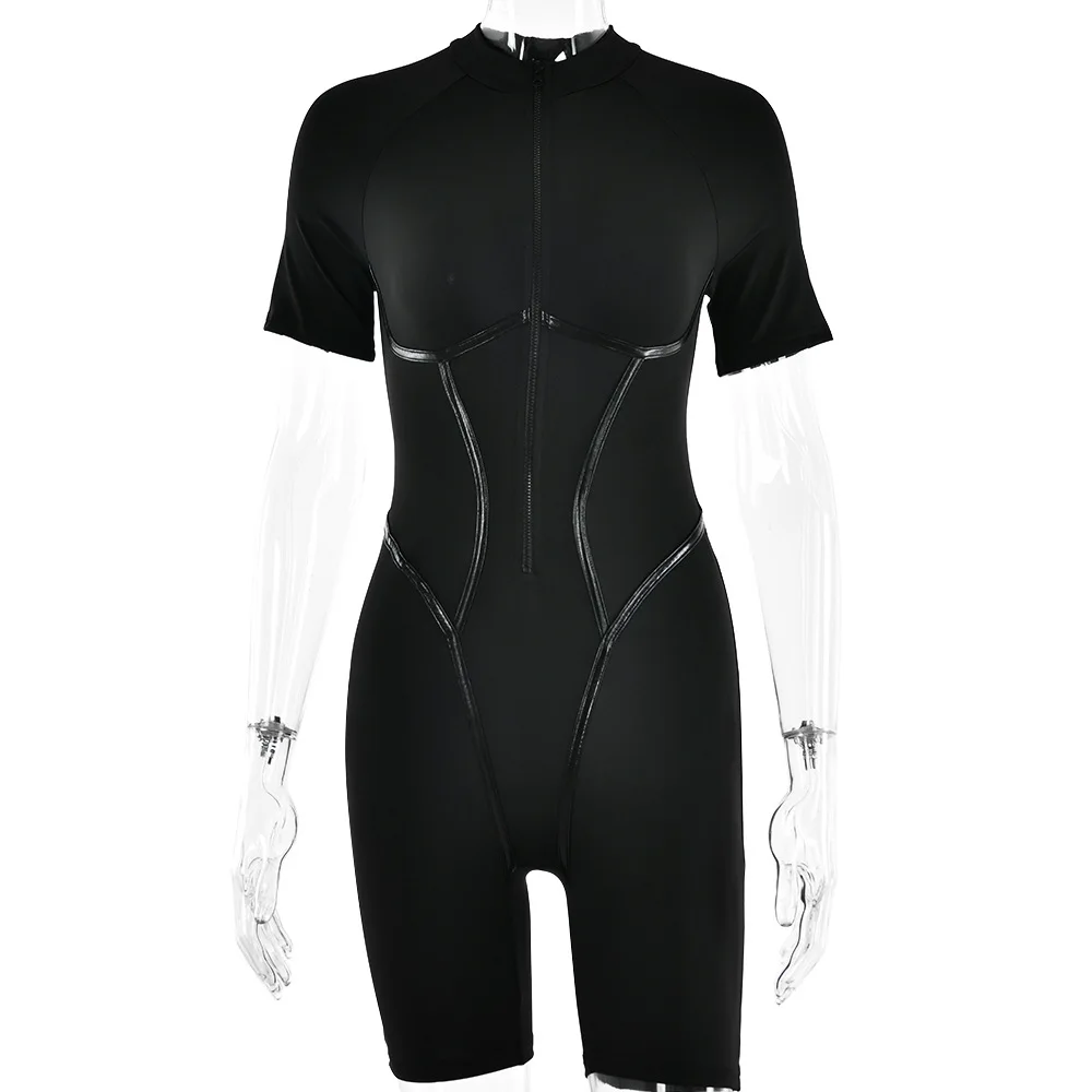 Summer Zipper High Neck Sports Suit Women's Short Sleeved Sports Wear Casual Jumpsuit Fitness Work Clothes Women Surfing Rompers
