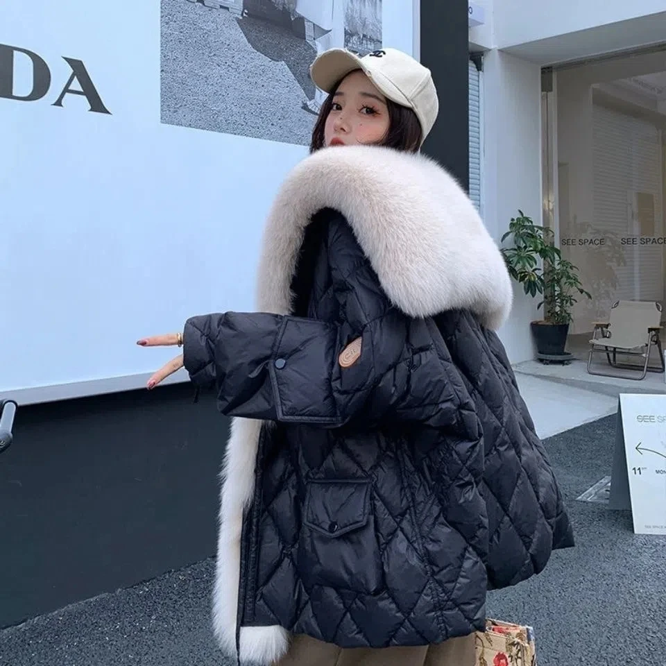 

2023 Winter Duck Down Jacket Bat Sleeve Women Oversized Coat Fluffy Faux Fur Warm Parkas Big Fur Women Waterproof Outerwear